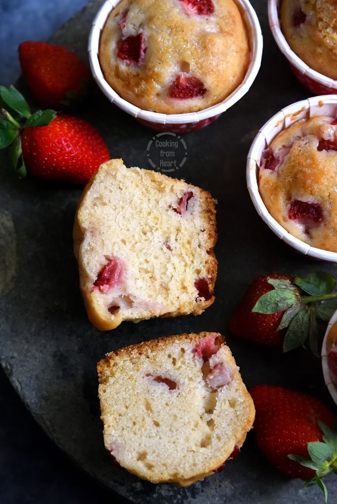 Moist Fluffy Eggless Strawberry Muffins Recipe