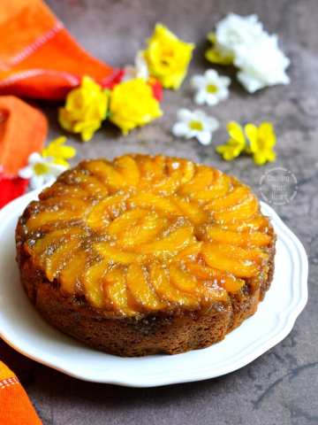 Eggless Upside Down Peach Cake